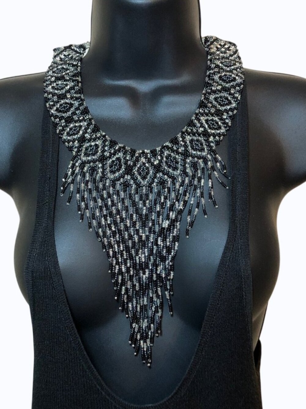 Artisan handmade intricate beaded fringe boho necklace statement festival.